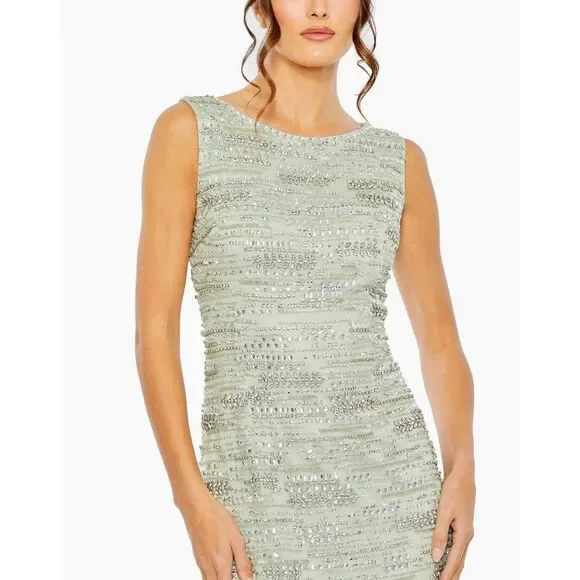 Mac Duggal NEW Sage Green Sleeveless Crystal Fringe Column Dress $698‎ - Size 14 - Picture 6 of 15